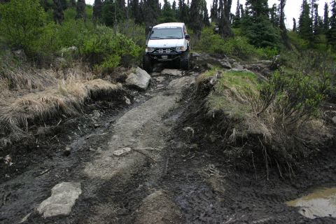 2003 Jeep TJ - A white SUV tackles a challenging muddy and rocky off-road path in a wooded area.