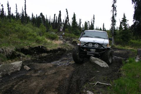 2003 Jeep TJ - Off-road van tackling a challenging muddy trail with trees and rocks visible.
