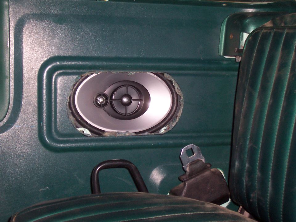 Close-up of a door panel with an oval speaker and a seatbelt buckle visible