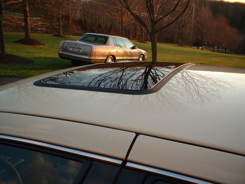 1996 Mercury Grand Marquis - A sedan's sunroof reflects bare trees on a sunny day, with another car parked on the lawn.