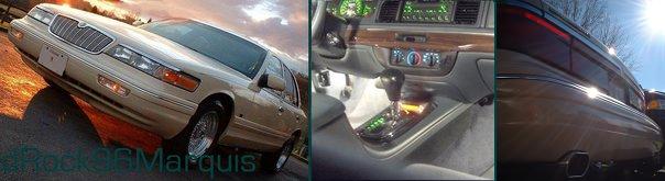 Collage banner of a gold Mercury Grand Marquis: front three-quarter, console shifter, and rear detail