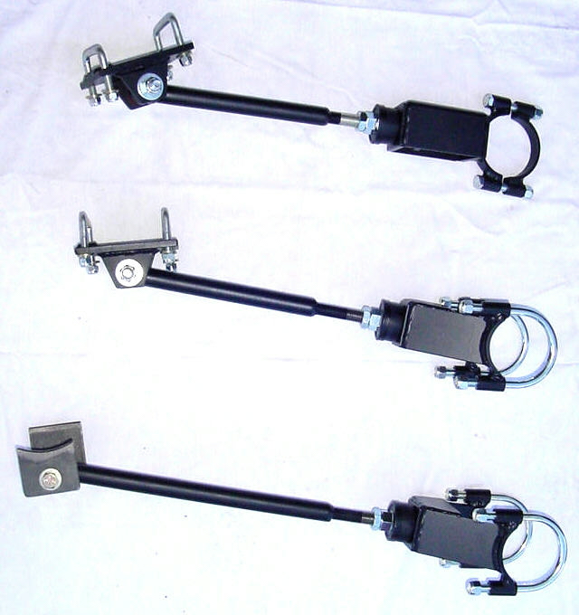 Three black adjustable radius rods with U-bolt clamps and brackets displayed on white fabric