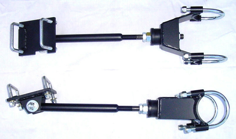 Two black adjustable radius rods with threaded adjusters and silver U-bolt clamps on white cloth