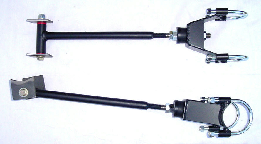 Two black adjustable radius rods with U-bolt clamps and threaded ends on white background
