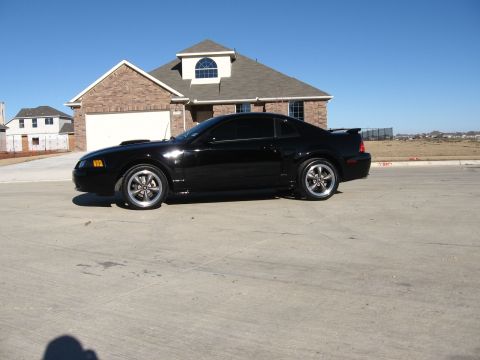 1986 Ford Bronco - This black 2003 Ford Mustang GT is captured in a three-quarter front view, parked on a paved surface in front of a suburban home.