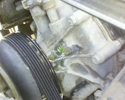 1995 Ford Bronco - Close-up of an engine component with a visible leak of green fluid, next to a ribbed pulley.