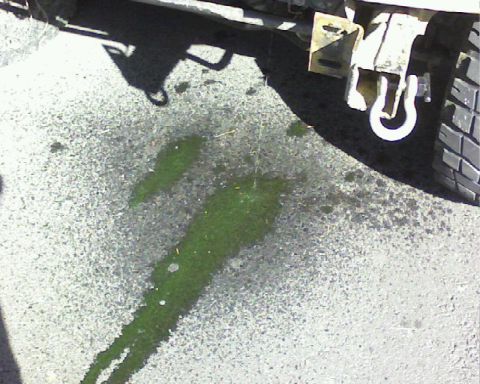 1995 Ford Bronco - Green fluid leak on pavement near a tire and tow hitch.