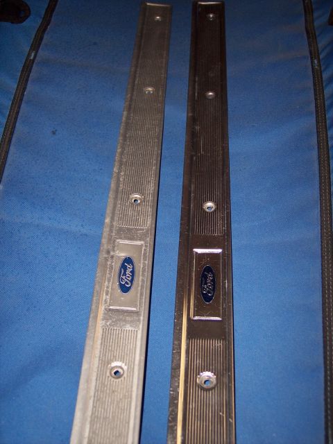 1972 Ford Ranchero - Pair of Ford door sill plates shown on a blue surface.