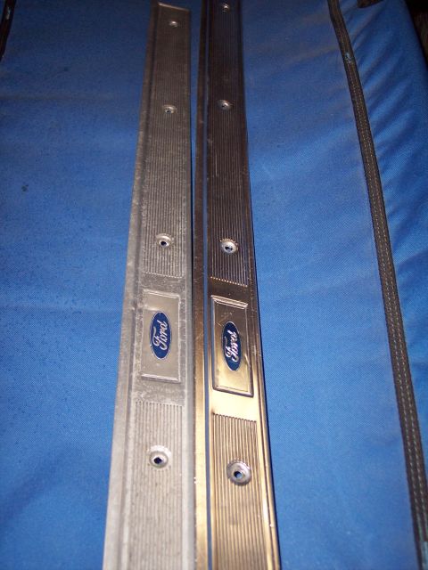 1972 Ford Ranchero - Close-up of two Ford door sill plates, one showing wear and the other in better condition.