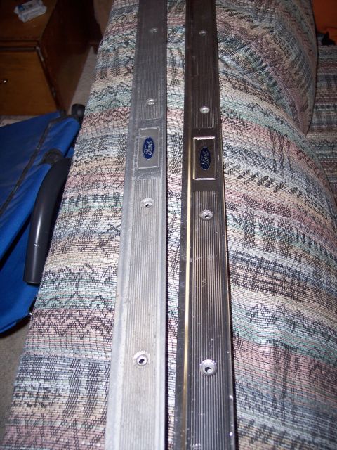 1972 Ford Ranchero - Two Ford door sill plates are shown, one in silver and the other in chrome, each displaying the Ford logo.