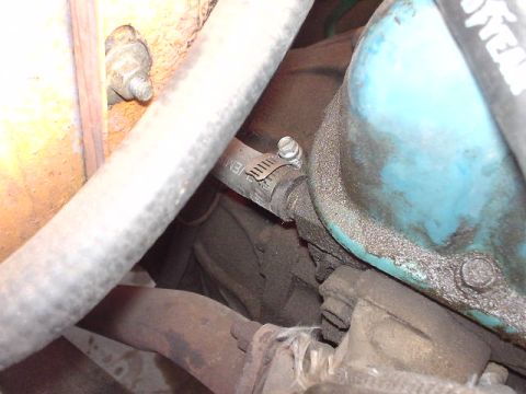 1977 Ford Bronco - A close-up view of engine components, showing hoses and a blue valve cover with some grime.