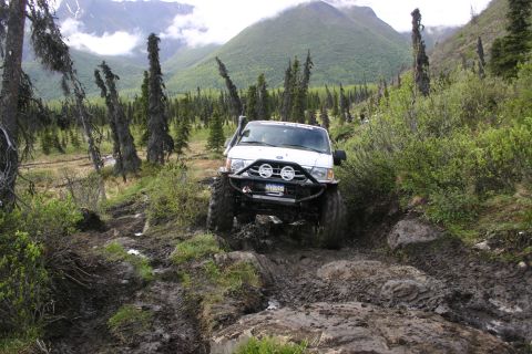 2003 Jeep TJ - A white off-road vehicle tackles a challenging muddy and rocky path in a mountainous, wooded area.