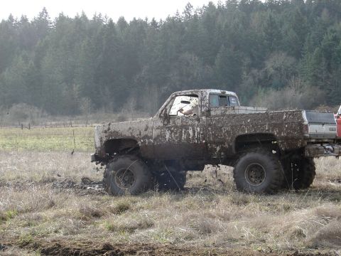 1996 Ford Bronco - This heavily mud-caked pickup truck appears to be stuck in a muddy field, with a dense forest visible behind it.