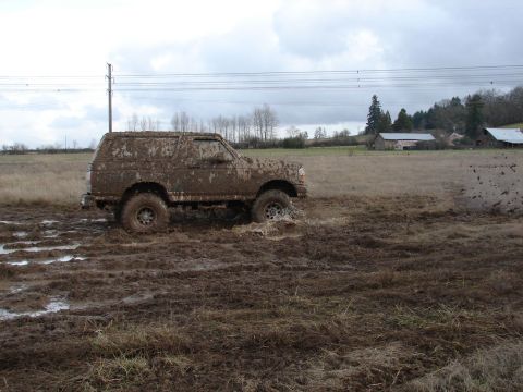 1996 Ford Bronco - Muddy 1996 Ford Bronco navigating a wet, grassy field with farm buildings in the background.