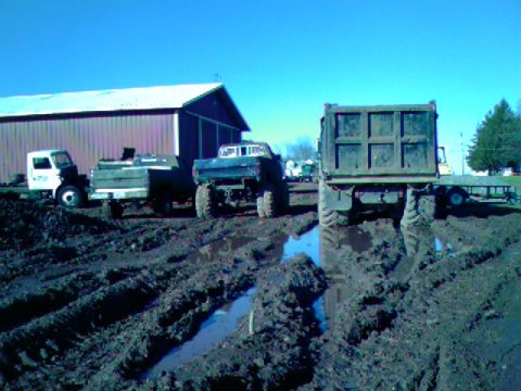 1976 GMC C/K Pickup - Multiple trucks are stuck in deep mud in a farmyard with a large barn in the background.
