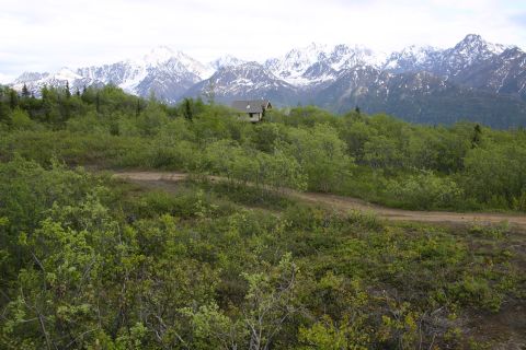 2003 Jeep TJ - A remote cabin sits amidst lush greenery, with snow-covered mountains forming a dramatic backdrop.