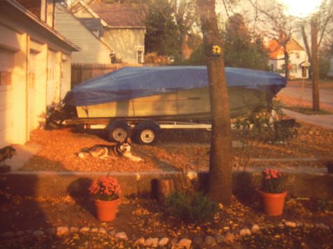 1977 Ford F-150 - A boat on a trailer is covered and parked next to a garage, with a dog resting nearby.