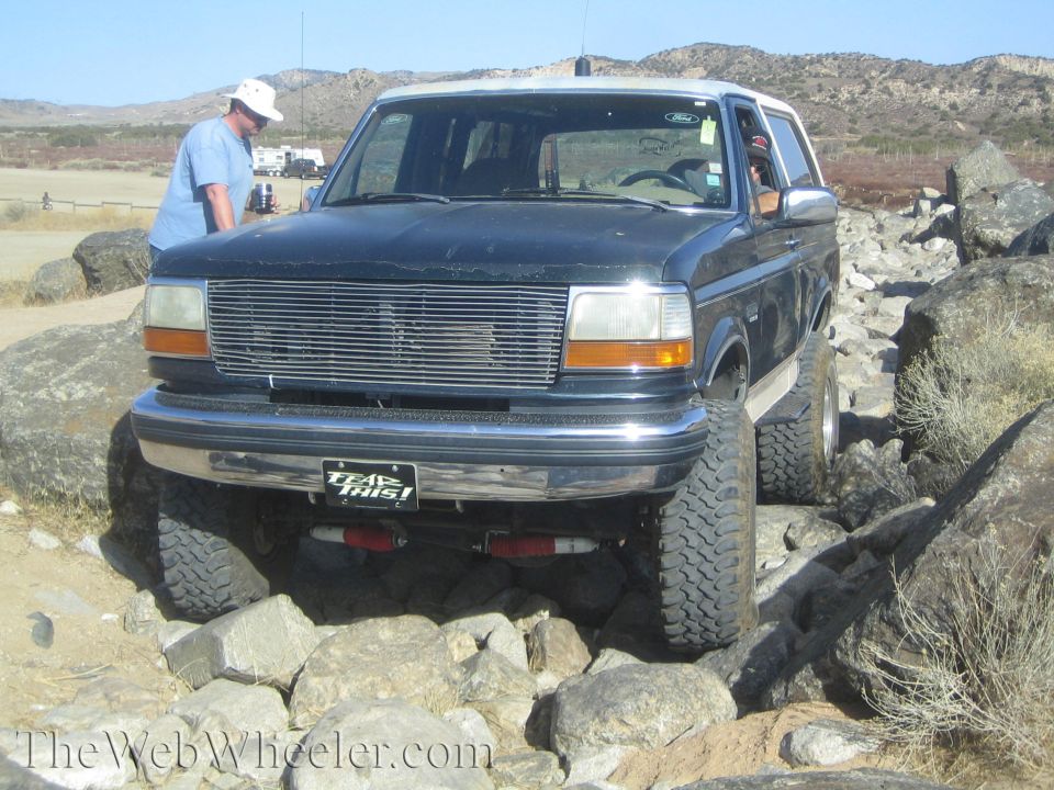 Ford Bronco navigating a rocky trail. License plate says 'TEAR THIS!'