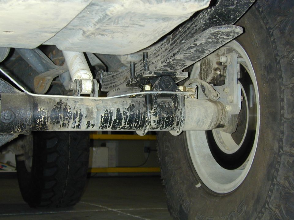 Underside view of a solid front axle with leaf springs, U-bolts and steering linkage