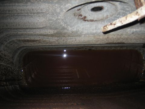 1976 Ford Ranchero - The underside of a vehicle, showing the gas tank filled with dark liquid.