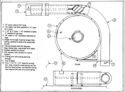 1965 Ford Mustang - Dimensioned plan-and-elevation drawing of a homemade tubing bender with a numbered fabrication parts list and material notes.