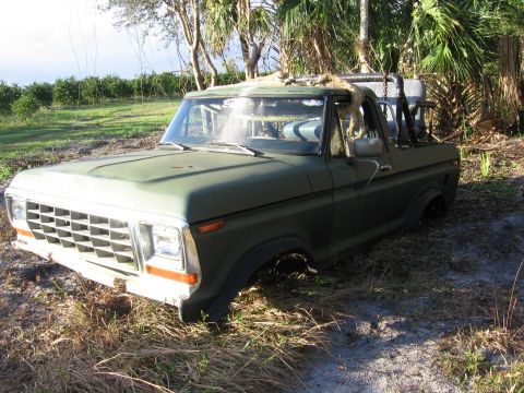 1974 Ford F-100 - This vintage Ford Bronco sits in a grassy area, missing its wheels and showing signs of age.