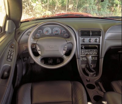 2003 Ford Mustang - The interior of a 2003 Ford Mustang shows the dashboard, steering wheel, and gear shifter.