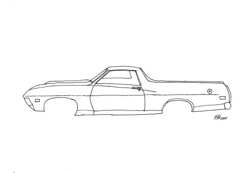 1971 Ford Ranchero - Line drawing shows the side profile of a 1971 Ford Ranchero, lacking wheels and interior.