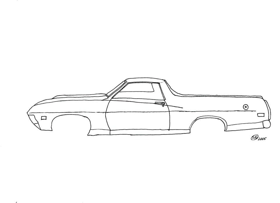 Line-art profile drawing of a Ranchero-style car body without wheels
