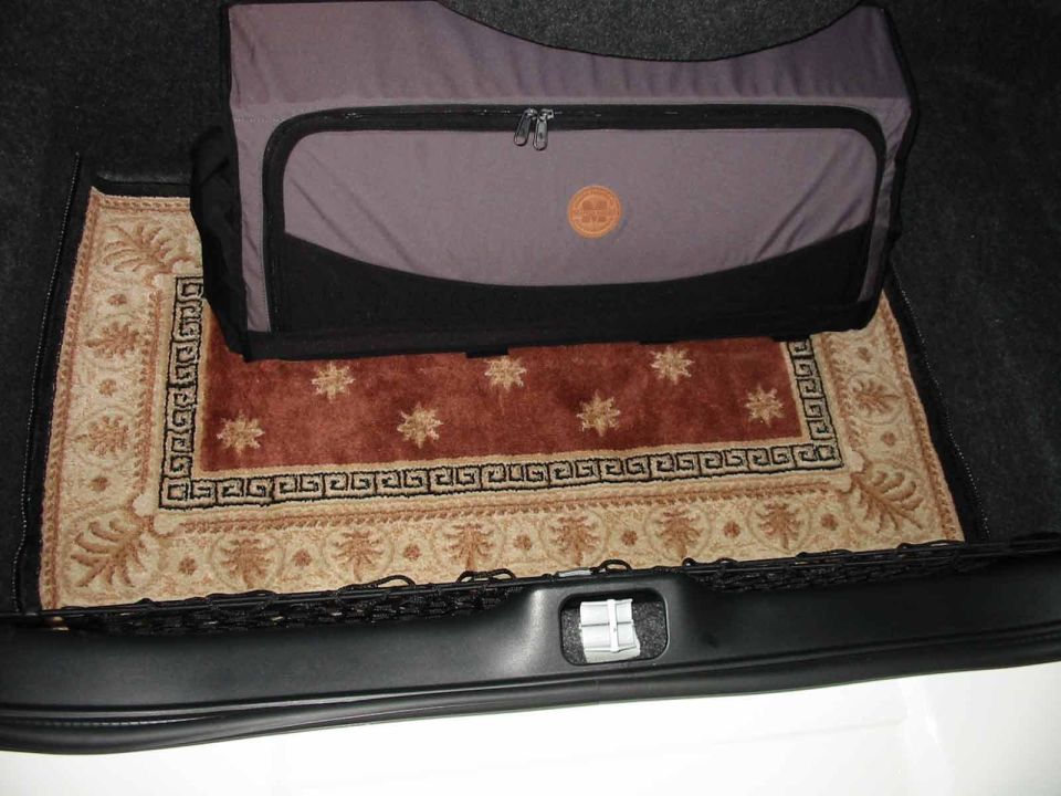 Gray storage bag and decorative rug sitting in a carpeted car trunk