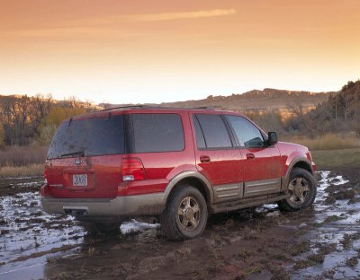 2003 Ford Expedition - A red 2003 Ford Expedition is shown from the rear, stuck in a muddy, wet field.