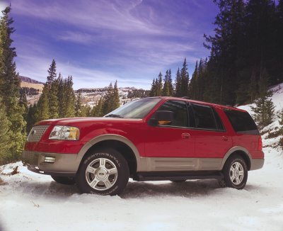 2003 Ford Expedition - A red 2003 Ford Expedition is parked in a snowy, mountainous area with pine trees under a vibrant sky.