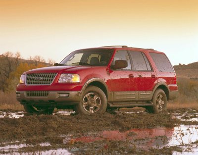 2003 Ford Expedition - A red 2003 Ford Expedition is stuck in a muddy, wet terrain.