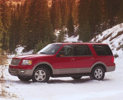 2003 Ford Expedition - A red 2003 Ford Expedition is parked in a snowy landscape with pine trees in the background.