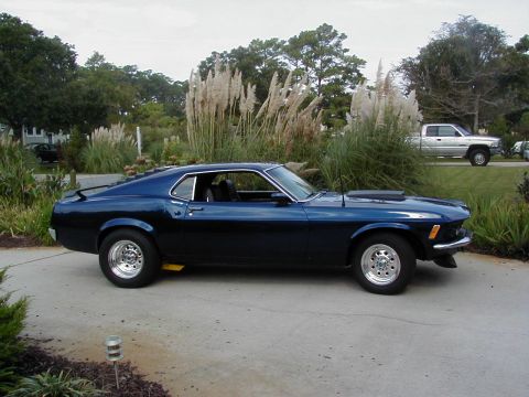 1970 Ford Mustang - This dark blue 1970 Ford Mustang coupe is seen from the side, parked on a concrete driveway with a natural landscape in the background.