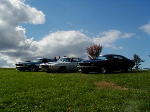 1970 Ford Mustang - Three classic muscle cars, including a black 1969 Ford Mustang fastback, are lined up on a grassy incline under a partly cloudy sky.