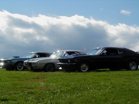 1970 Ford Mustang - Three classic muscle cars, including a black 1970 Ford Mustang, are lined up on a grassy field under a cloudy sky.