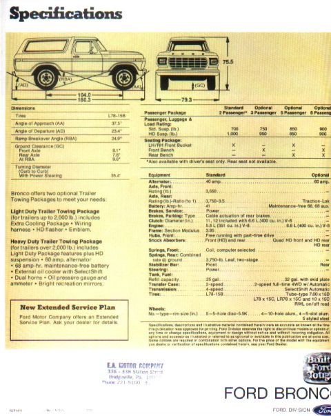 1978 Ford Bronco - This document details the specifications and options available for a Ford Bronco.