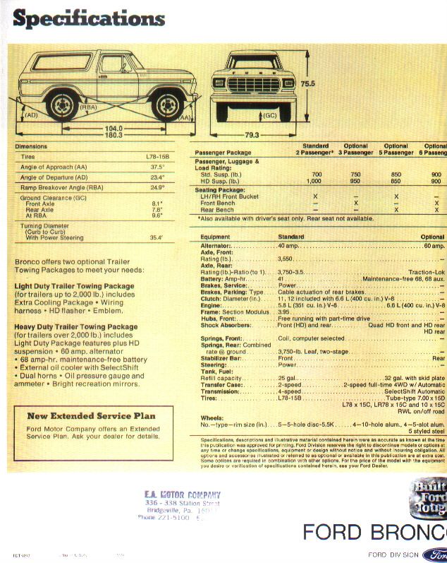 Ford Bronco brochure specifications page with dimensions, trailer towing packages and equipment