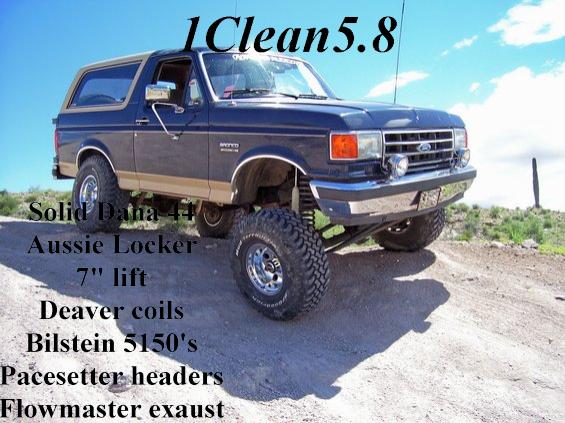 Lifted 1991 Ford Bronco on a dirt hill with off-road tires and custom suspension parts listed