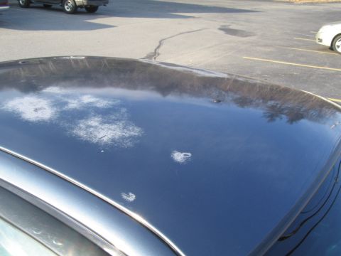 1991 Ford LTD Crown Victoria - The roof of a dark blue car shows significant paint damage and dents.