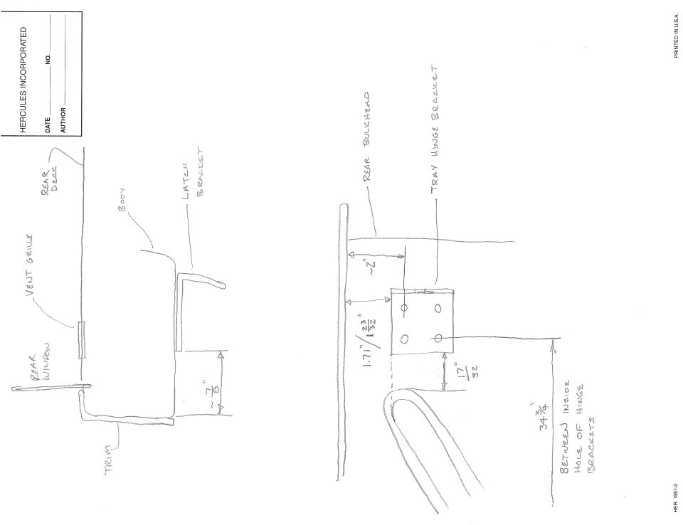 Hand-drawn engineering sketch of a hinge bracket and rear door layout