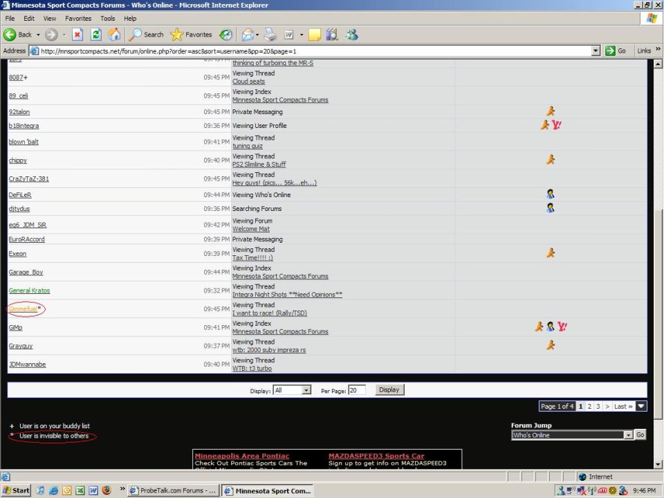 Screenshot of a car forum's 'Who's Online' page, listing usernames and their current activity