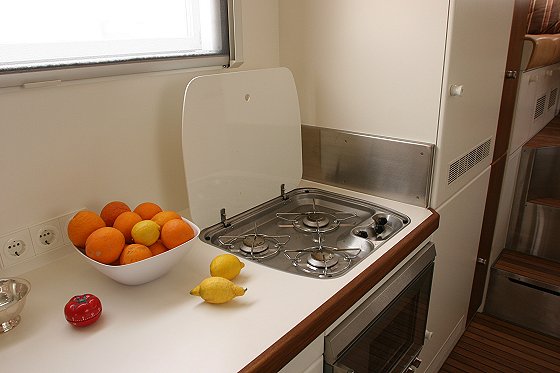 RV kitchenette with a stovetop, bowl of fruit, and electrical outlets