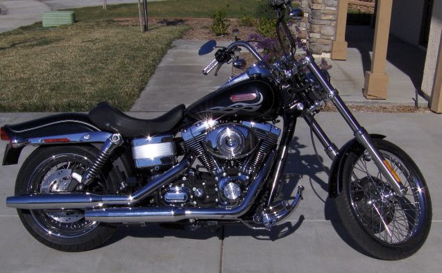 Black Harley-Davidson motorcycle with chrome accents and flame decals on the tank