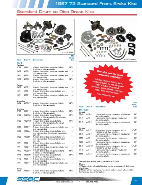 1990 Ford Mustang - This diagram illustrates various standard drum to disc brake kits available for Ford, Mercury, and Mustang models, detailing part numbers a…