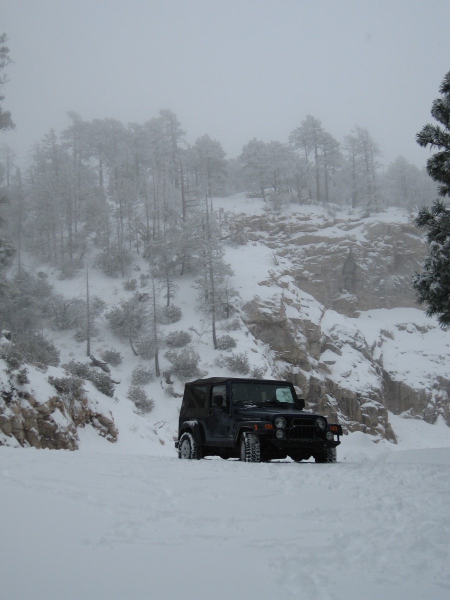 Black Jeep Wrangler Rubicon with soft top parked in deep snow below frosted pines