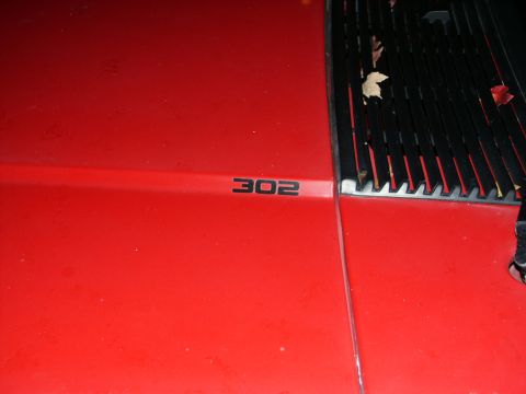1990 Ford Mustang - Close-up of a red car's hood showing a "302" emblem and part of the grille.