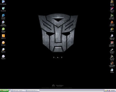 1988 Ford Bronco - Desktop background features the iconic Transformers logo with various application icons on the left and right sides.
