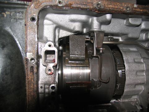 1978 Ford Bronco - Close-up view of the internal components of a vehicle transmission, showing the torque converter and clutch pack.